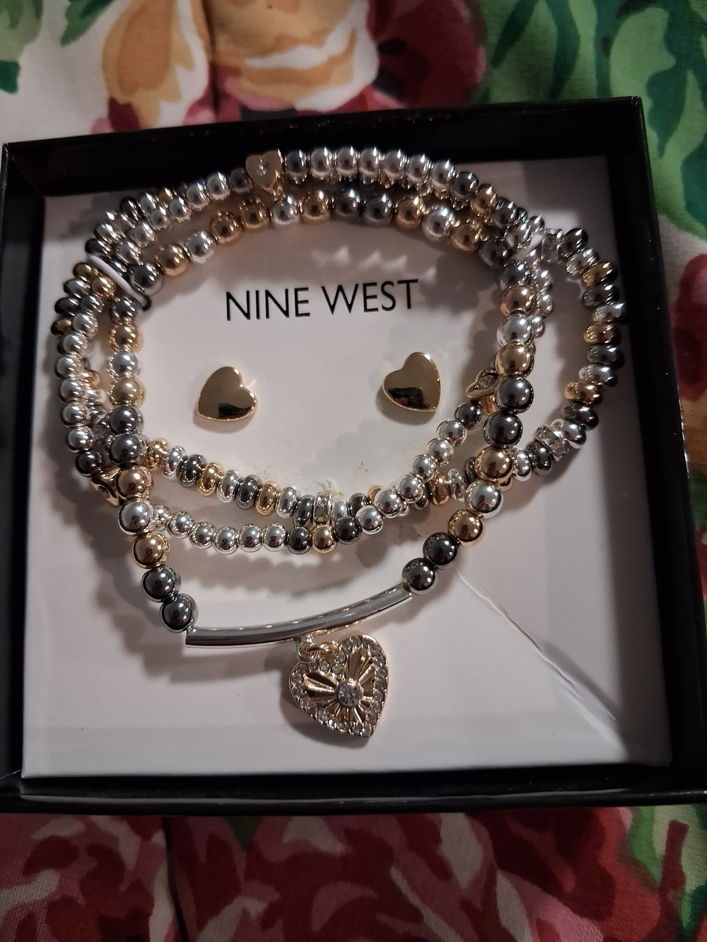 Nine West Two-Tone Gold and Silver Beaded Bracelet Set with Heart Charm